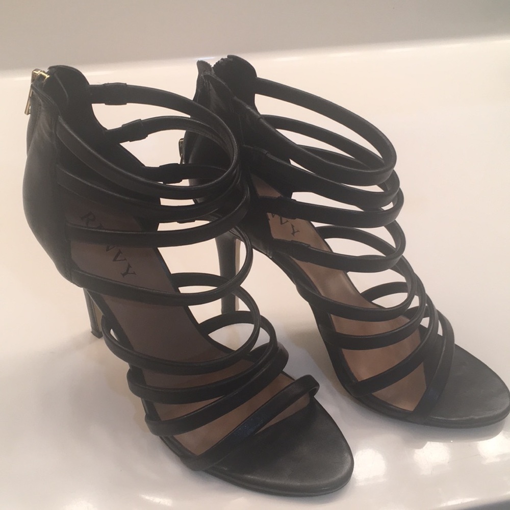 Black leather caged stilettos